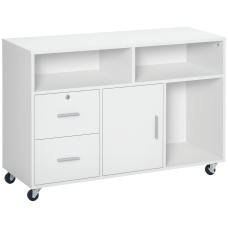 Lateral Filing Cabinet with Open Storage Shelf, Printer Stand Home Office Mobile File Cabinet with Wheels, Lockable Drawer, White