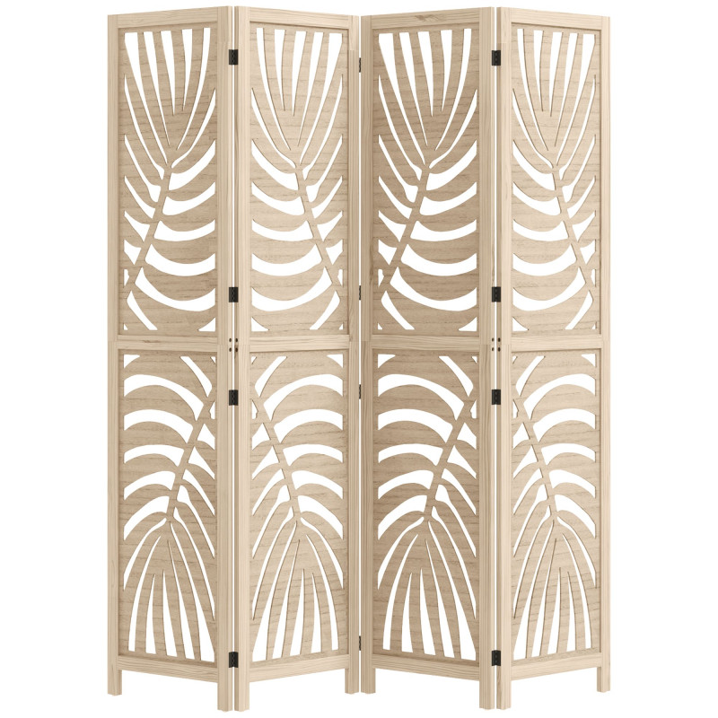 4 Panel Room Divider, Detachable Folding Privacy Screens with Palm Leaf Design for Home Office, Natural Wood Finish