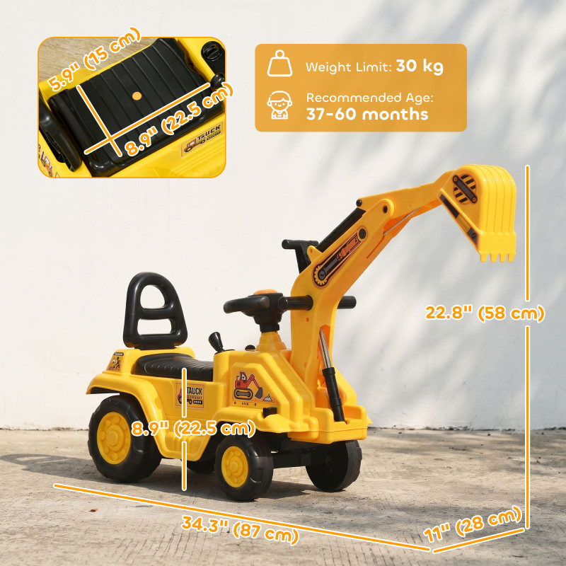 NO POWER 3 in 1 Ride On Toy Excavator Digger Scooter Pulling Cart Pretend Play Construction Truck