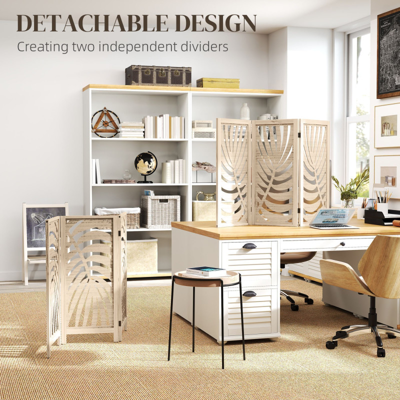 3 Panel Room Divider, Detachable Folding Privacy Screens with Palm Leaf Design for Home Office, Natural Wood Finish