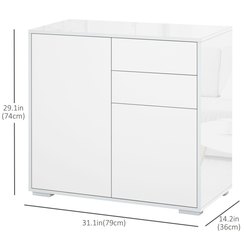 High Gloss Buffet Sideboard with 2 Drawers, 2 Doors and Adjustable Shelf, Kitchen Storage Cabinet with Push Open Design, White