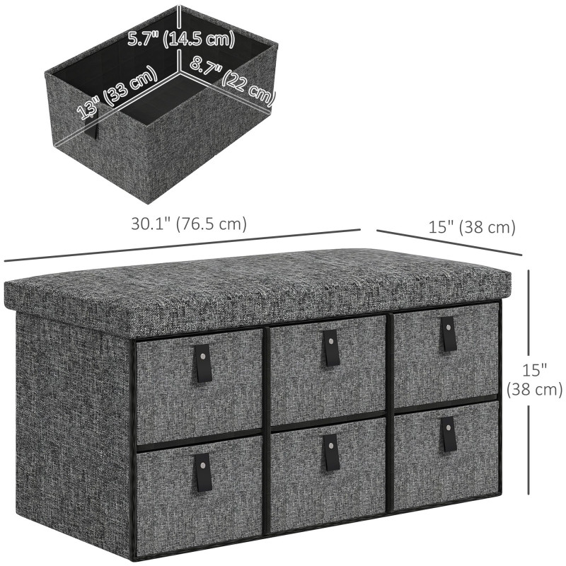 Shoe Bench with Seat, Shoe Storage Bench with Cushion and 6 Fabric Drawers for Entryway, Hallway, Bedroom, Charcoal Grey