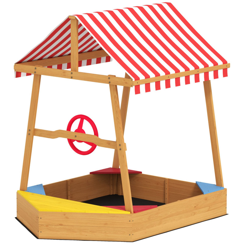 Qaba Wooden Kids Sandbox with Cover, 4 Seats, Rudder, Deck, Bottom Liner, 52