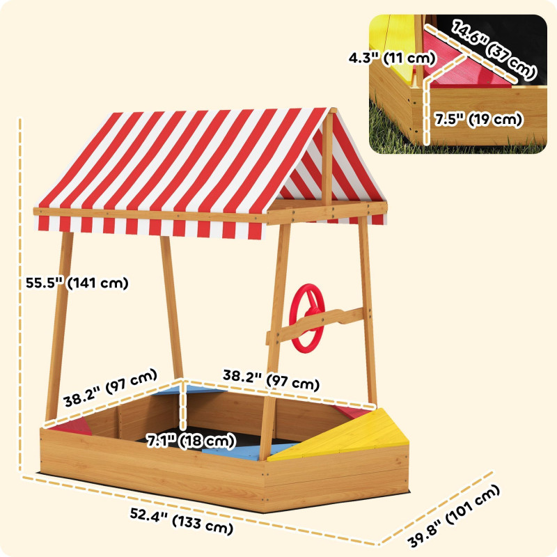 Qaba Wooden Kids Sandbox with Cover, 4 Seats, Rudder, Deck, Bottom Liner, 52