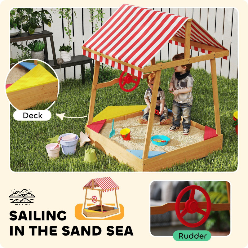 Qaba Wooden Kids Sandbox with Cover, 4 Seats, Rudder, Deck, Bottom Liner, 52