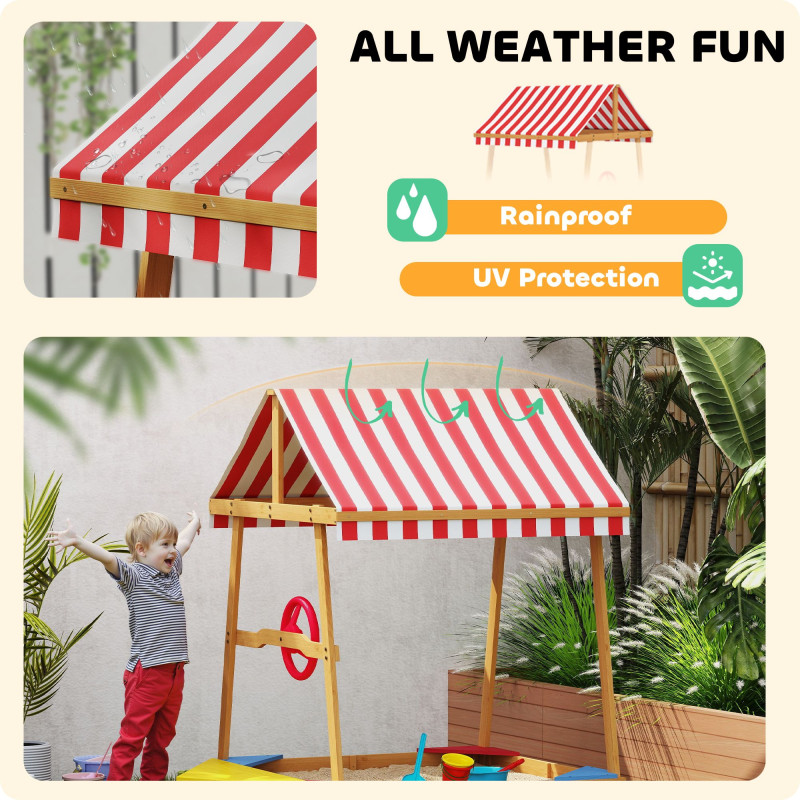 Qaba Wooden Kids Sandbox with Cover, 4 Seats, Rudder, Deck, Bottom Liner, 52