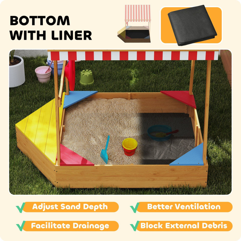 Qaba Wooden Kids Sandbox with Cover, 4 Seats, Rudder, Deck, Bottom Liner, 52