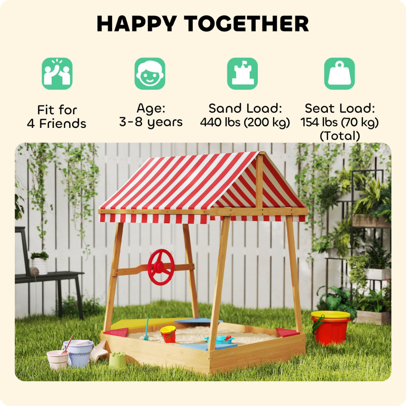 Qaba Wooden Kids Sandbox with Cover, 4 Seats, Rudder, Deck, Bottom Liner, 52