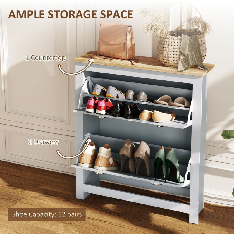 Entryway Shoe Cabinet with 2 Flip Drawers and Adjustable Shelves, 12 Pair Shoe Storage Organizer for Hallway, Grey