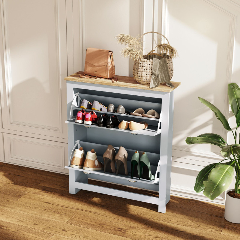 Entryway Shoe Cabinet with 2 Flip Drawers and Adjustable Shelves, 12 Pair Shoe Storage Organizer for Hallway, Grey