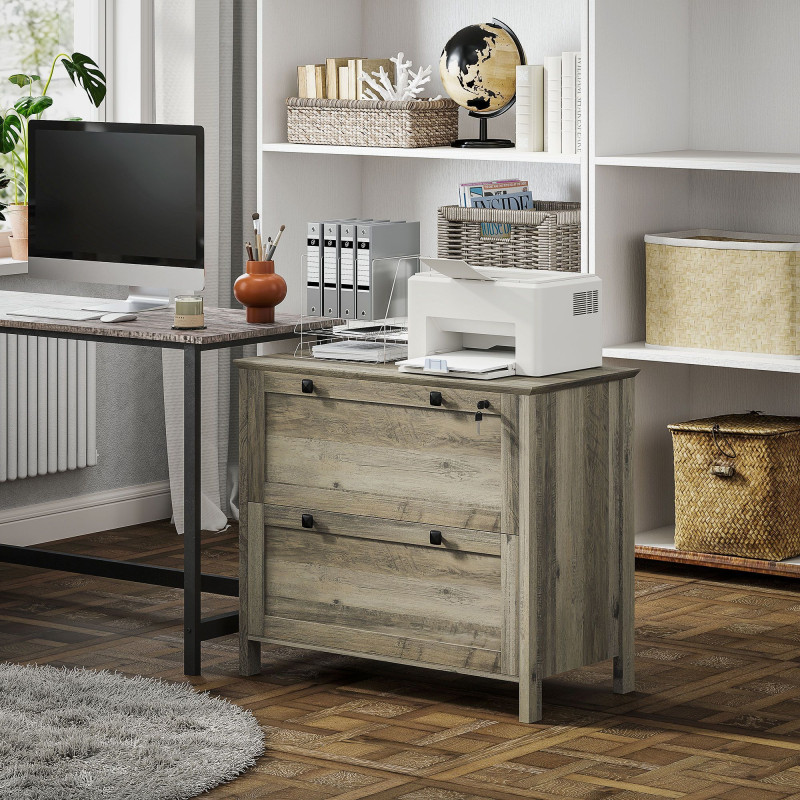 2 Drawer File Cabinet, Lockable Filing Cabinet with Adjustable Hanging Bar for Letter, A4 Size, Weathered Grey Oak