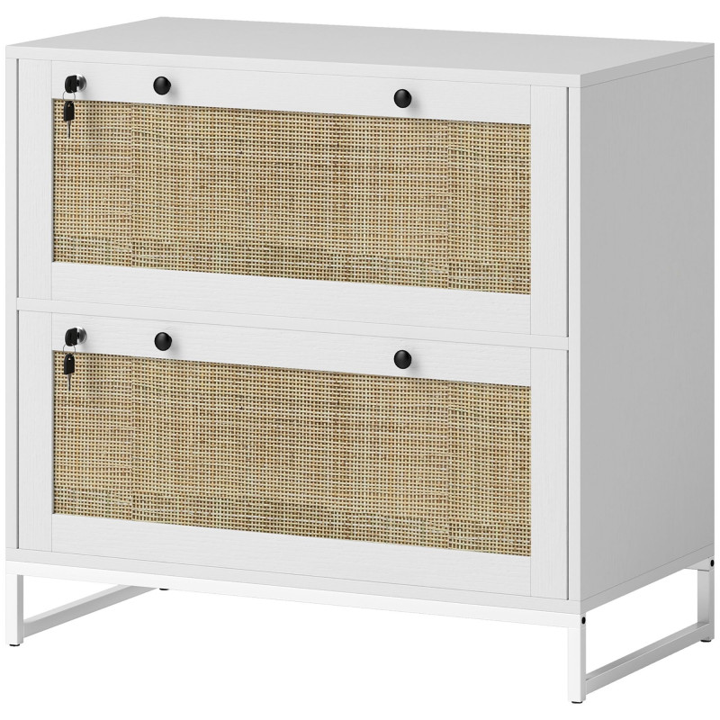 2-Drawer Filing Cabinet with Lock, Rattan File Cabinet with Adjustable Hanging Bar, White