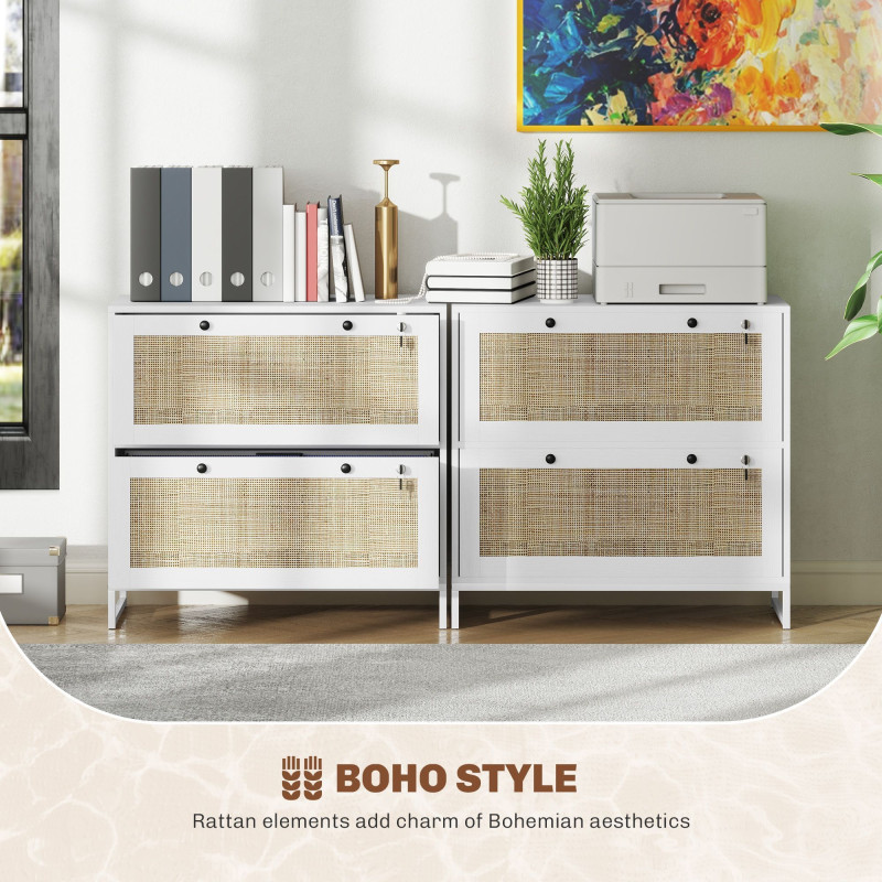 2-Drawer Filing Cabinet with Lock, Rattan File Cabinet with Adjustable Hanging Bar, White