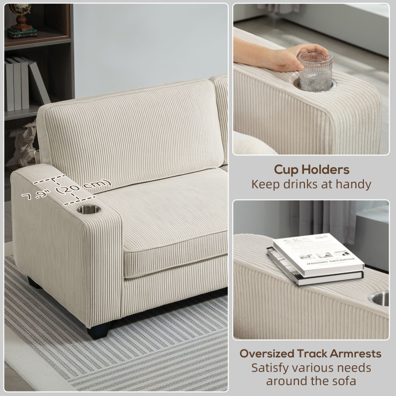 Three Seater Sofa, Fabric 3 Seater Couch with Spring Cushion and Cup Holders for Living Room, Bedroom, Cream White
