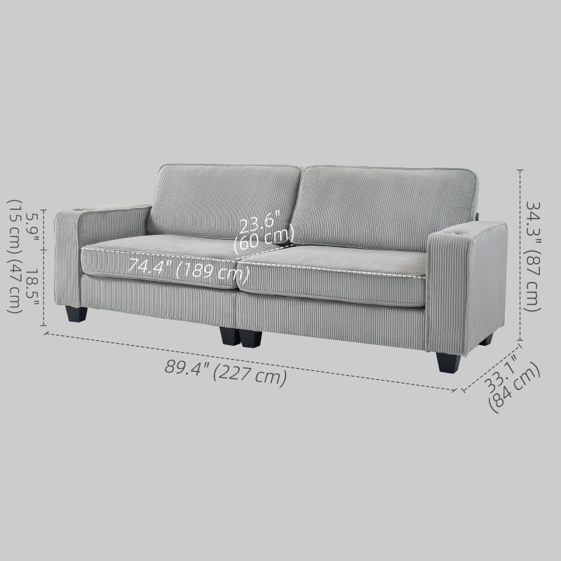 Three Seater Sofa, Fabric 3 Seater Couch with Spring Cushion and Cup Holders for Living Room, Bedroom, Light Grey
