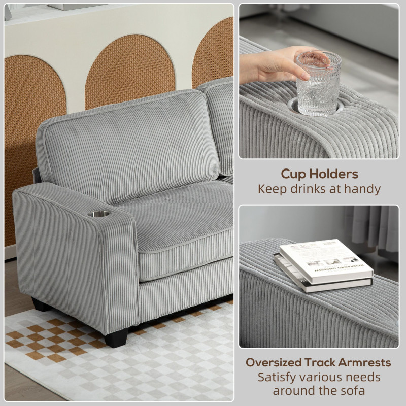 Three Seater Sofa, Fabric 3 Seater Couch with Spring Cushion and Cup Holders for Living Room, Bedroom, Light Grey