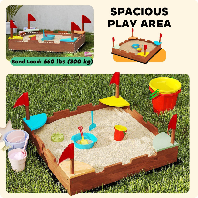 Qaba Kids Wooden Sandbox with Flags, 4 Colorful Built-in Corner Seating, Ground Liner, Gift for Ages 3-7, Wooden Brown