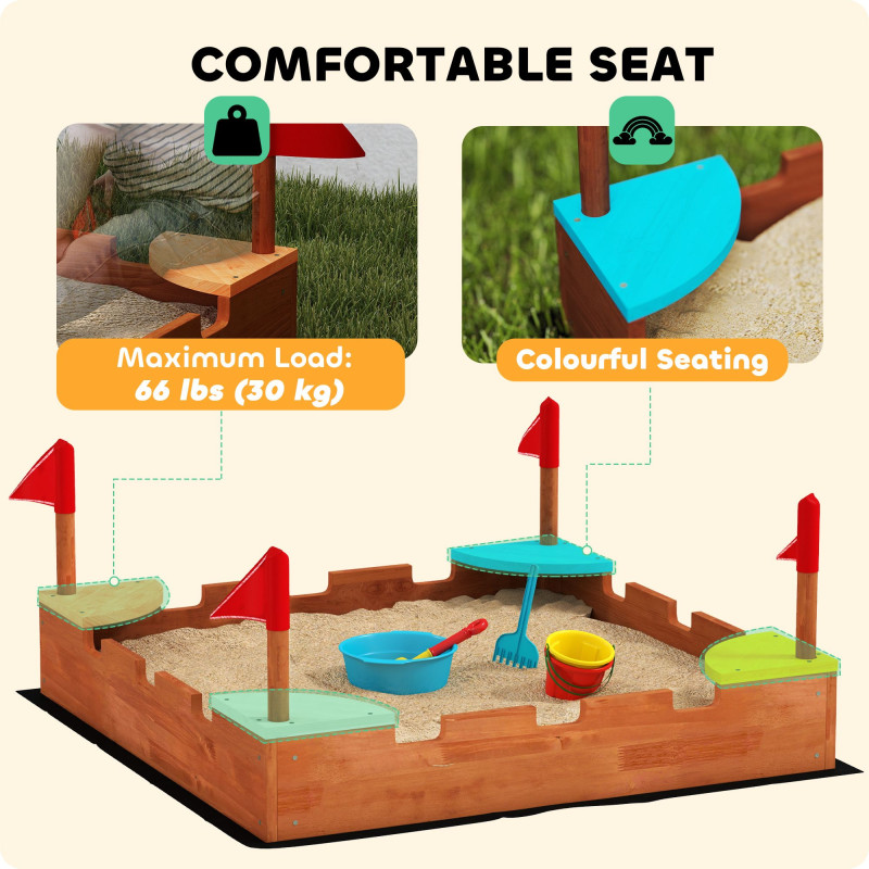 Qaba Kids Wooden Sandbox with Flags, 4 Colorful Built-in Corner Seating, Ground Liner, Gift for Ages 3-7, Wooden Brown
