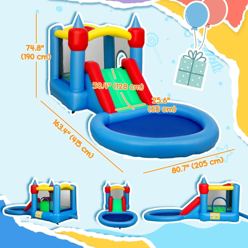 Qaba 4 in 1 Inflatable Bounce House with Slide, Basketball Hoop, Ball Pit, Blower, Storage Bag, 163
