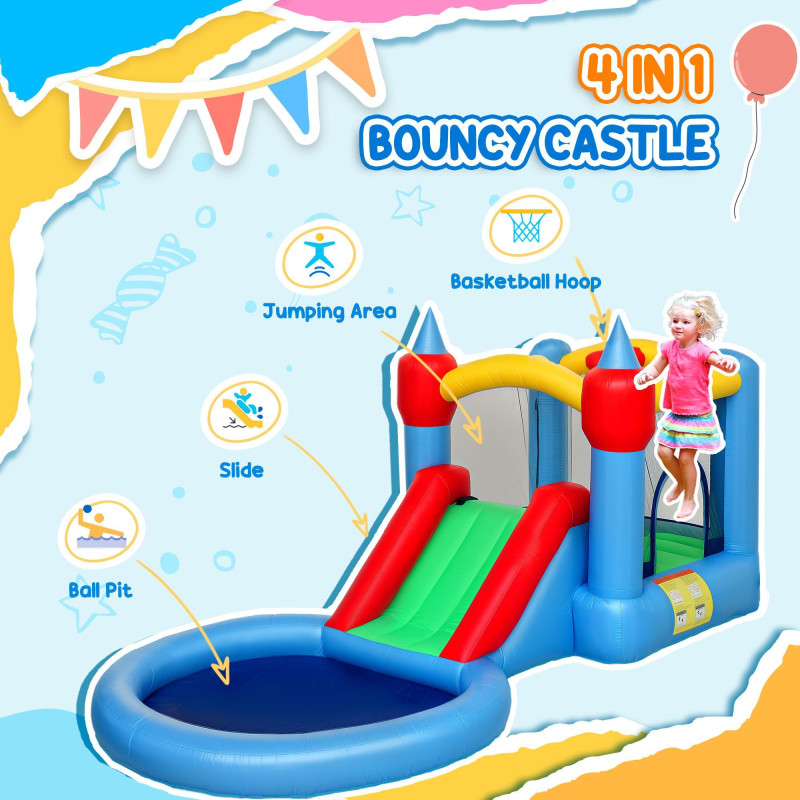 Qaba 4 in 1 Inflatable Bounce House with Slide, Basketball Hoop, Ball Pit, Blower, Storage Bag, 163