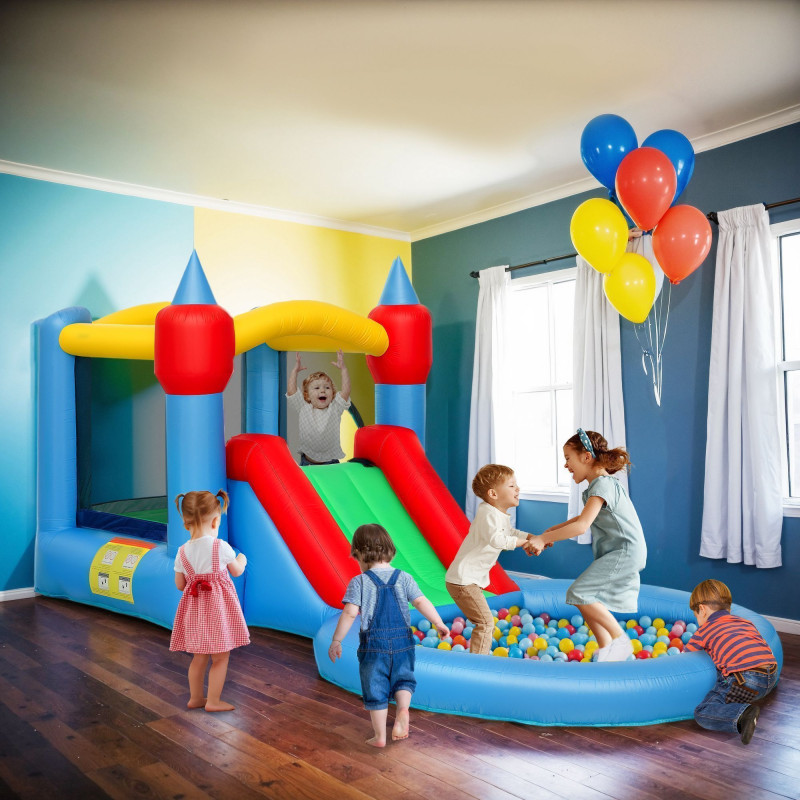 Qaba 4 in 1 Inflatable Bounce House with Slide, Basketball Hoop, Ball Pit, Blower, Storage Bag, 163