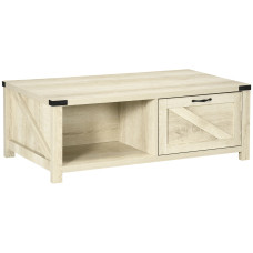 Industrial Coffee Table Side End Table with Drawer, Open Storage Shelf, Modern Farmhouse Furniture, for Living Room, Dining Room, Office, White Oak