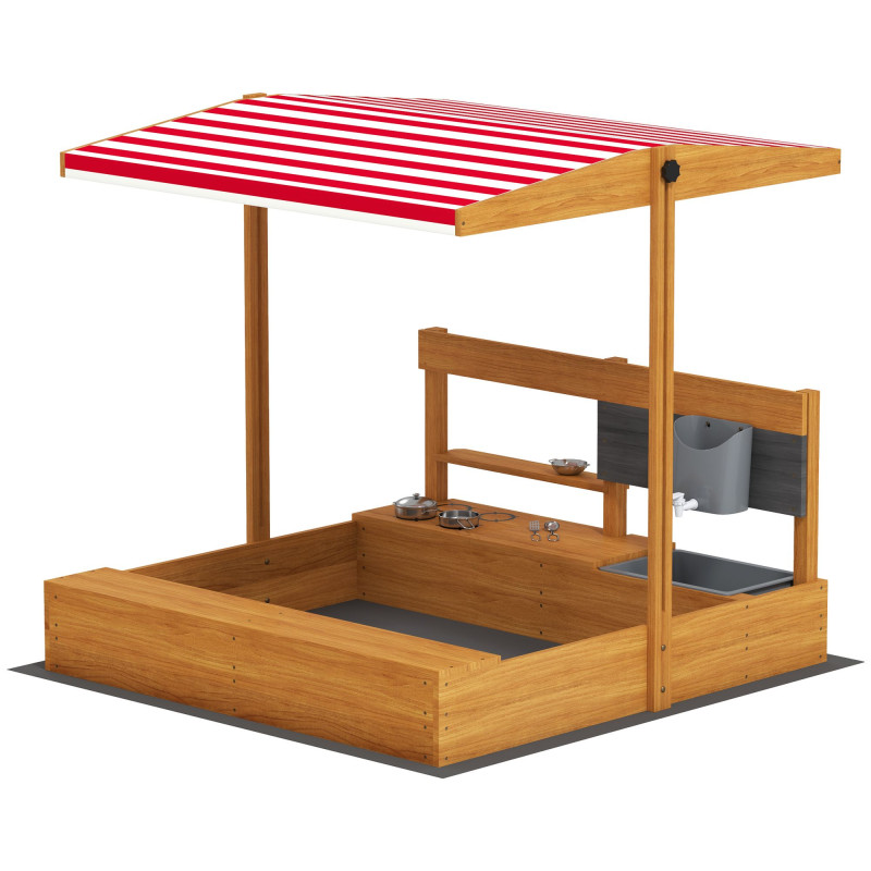 Kids Sandbox with Cover Kitchen Playset Toys, Wooden Sand Box with Seat, Storage, for 3-7 Years Old, Red
