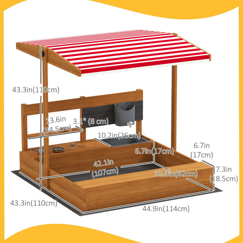 Kids Sandbox with Cover Kitchen Playset Toys, Wooden Sand Box with Seat, Storage, for 3-7 Years Old, Red