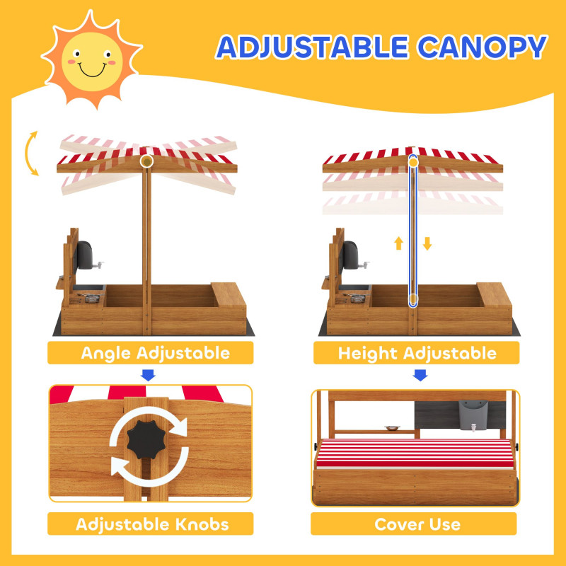 Kids Sandbox with Cover Kitchen Playset Toys, Wooden Sand Box with Seat, Storage, for 3-7 Years Old, Red