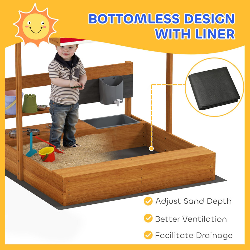 Kids Sandbox with Cover Kitchen Playset Toys, Wooden Sand Box with Seat, Storage, for 3-7 Years Old, Red