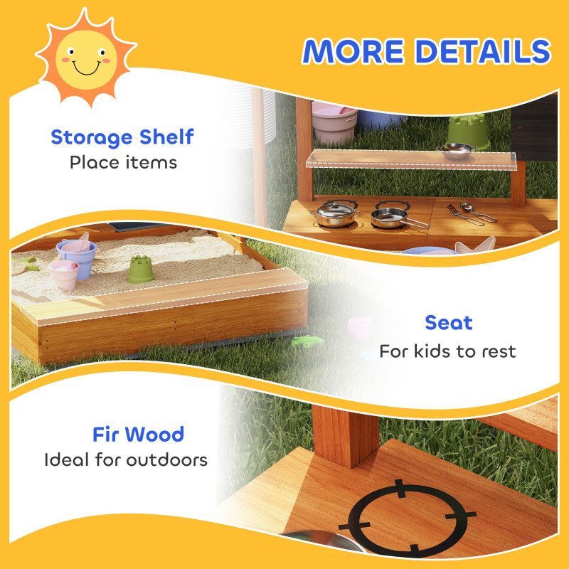 Kids Sandbox with Cover Kitchen Playset Toys, Wooden Sand Box with Seat, Storage, for 3-7 Years Old, Red