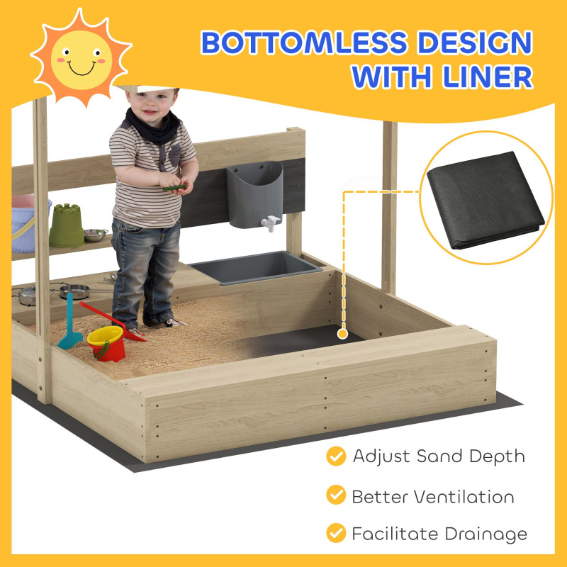 Kids Sandbox with Cover Kitchen Playset Toys, Wooden Sand Box with Seat, Storage, for 3-7 Years Old, Natural Wood