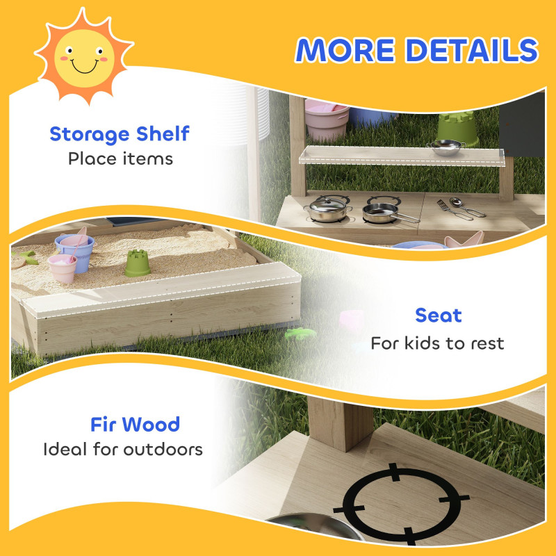 Kids Sandbox with Cover Kitchen Playset Toys, Wooden Sand Box with Seat, Storage, for 3-7 Years Old, Natural Wood