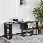 L Shaped Desk, 360° Rotating Corner Desk, Computer Writing Table Workstation with Storage Shelf for Home Office, Black