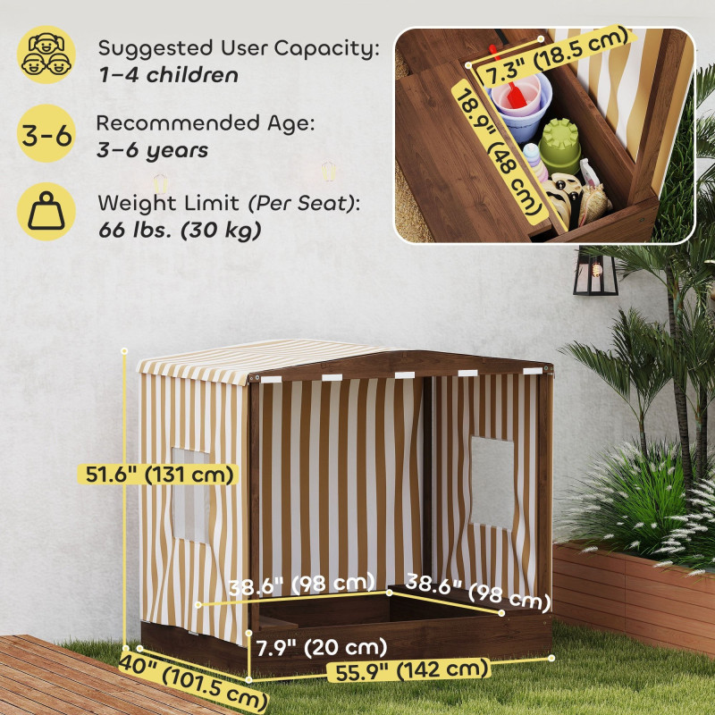 Qaba Kids Sandbox with Full Covered Canopy, Bench Seats, Bottom Liner, for Ages 3-6, 56