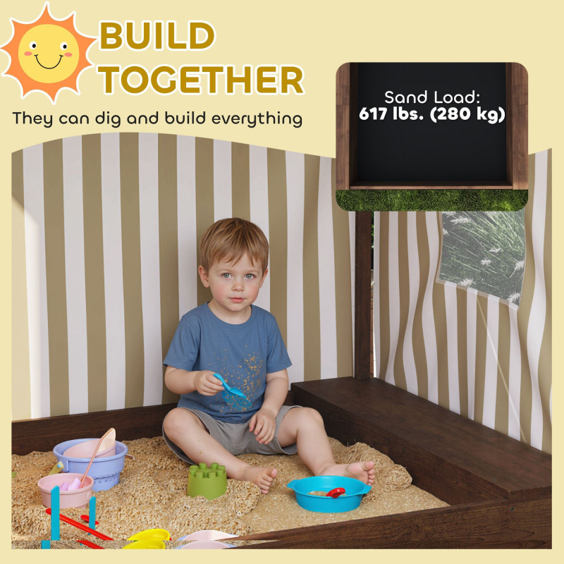 Qaba Kids Sandbox with Full Covered Canopy, Bench Seats, Bottom Liner, for Ages 3-6, 56