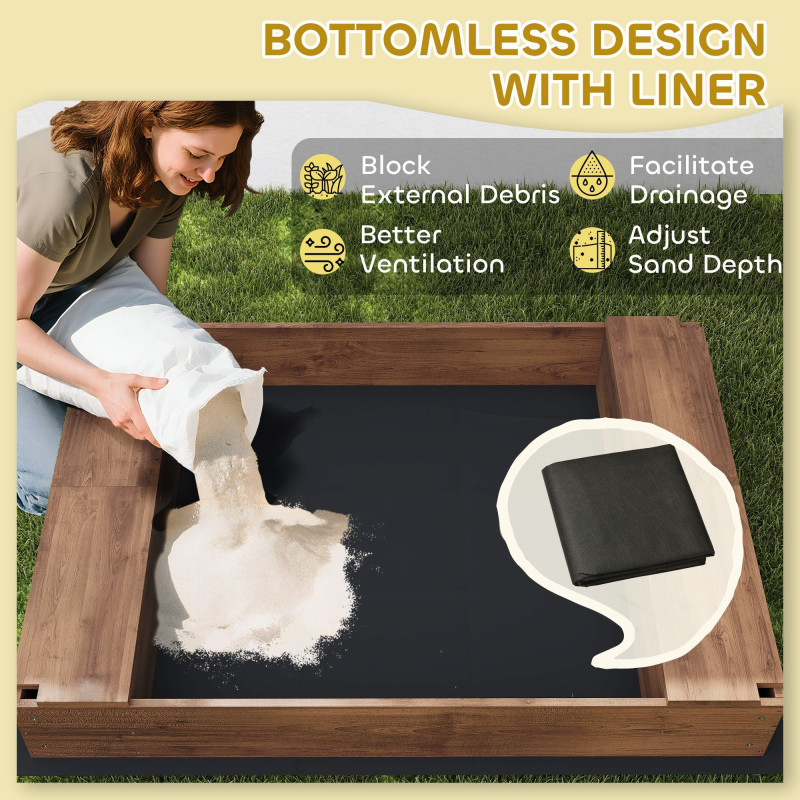 Qaba Kids Sandbox with Full Covered Canopy, Bench Seats, Bottom Liner, for Ages 3-6, 56