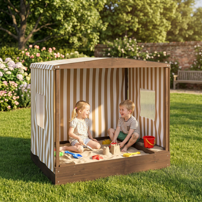 Qaba Kids Sandbox with Full Covered Canopy, Bench Seats, Bottom Liner, for Ages 3-6, 56