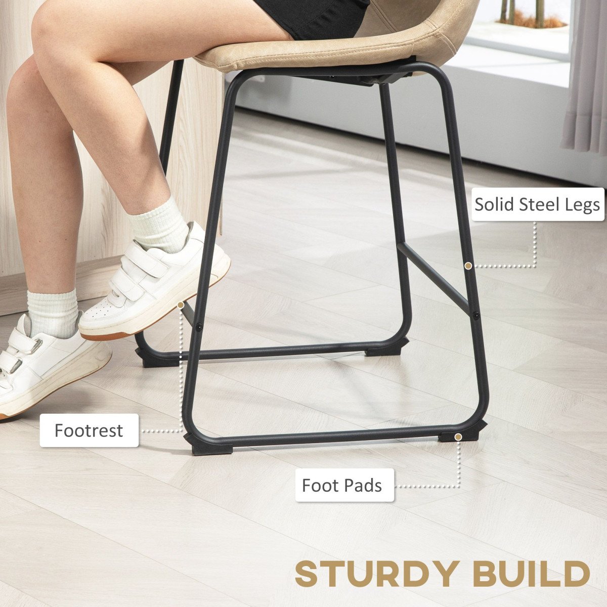 Counter Height Bar Stools Set of 2, Vintage PU Leather Bar Chairs, Kitchen Stool with Footrest, Beige