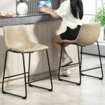 Counter Height Bar Stools Set of 2, Vintage PU Leather Bar Chairs, Kitchen Stool with Footrest, Beige