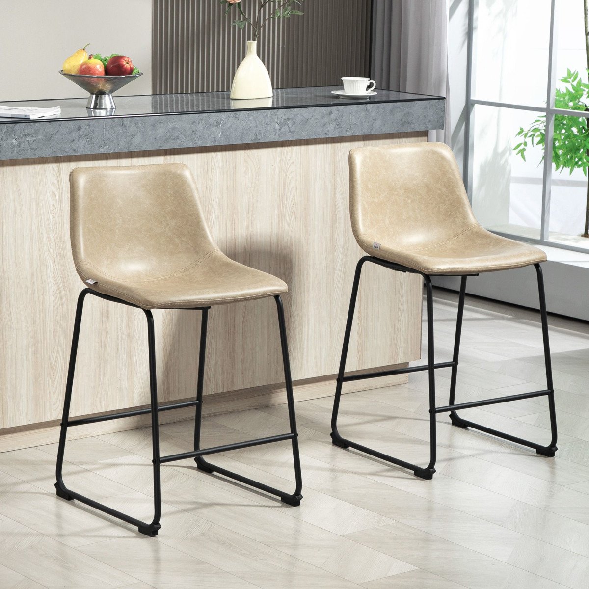 Counter Height Bar Stools Set of 2, Vintage PU Leather Bar Chairs, Kitchen Stool with Footrest, Beige