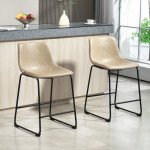 Counter Height Bar Stools Set of 2, Vintage PU Leather Bar Chairs, Kitchen Stool with Footrest, Beige