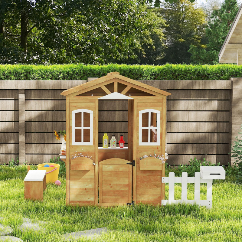 Wooden Kids Playhouse with Door Windows Mailbox Flower Pot Holder Serving Station Bench Yellow