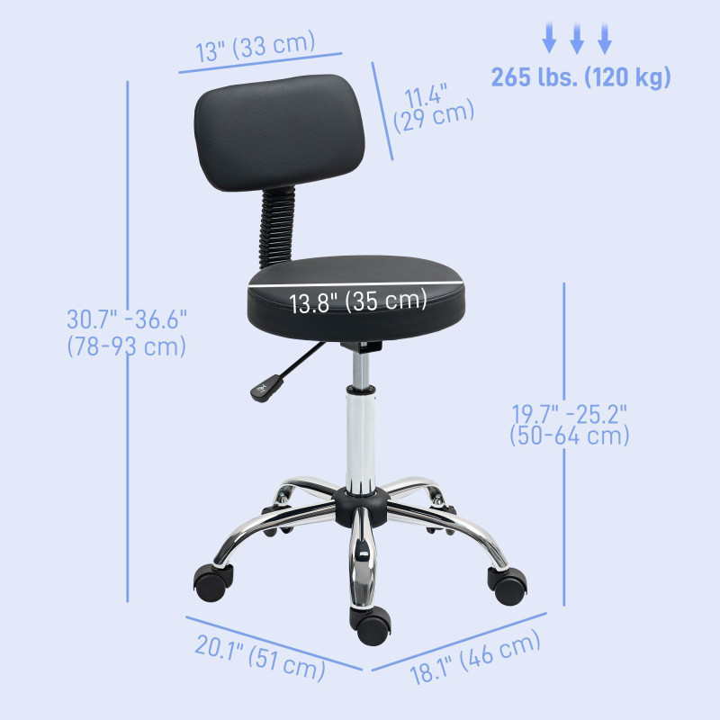 Adjustable Rolling Stool with Removable Backrest, Faux Leather Swivel Stool Chair for Salon Spa, Bar, Massage, Black