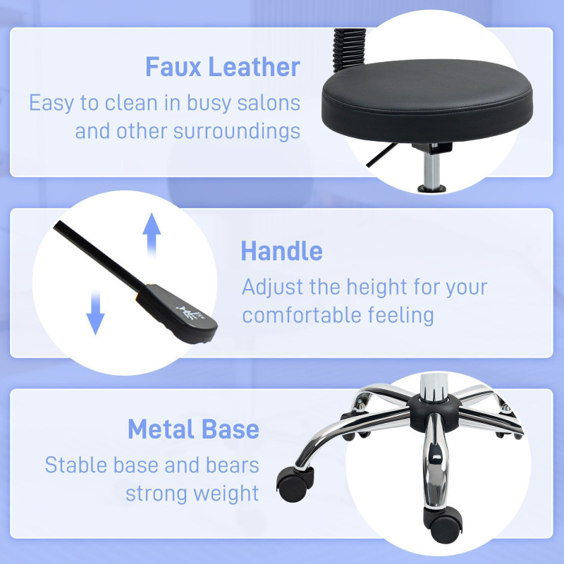 Adjustable Rolling Stool with Removable Backrest, Faux Leather Swivel Stool Chair for Salon Spa, Bar, Massage, Black