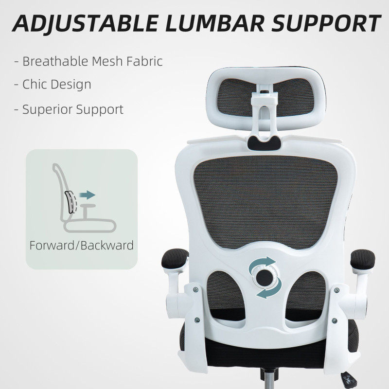 Mesh Office Chair, Ergonomic Desk Chair with Flip-up Armrest, Rotatable Headrest, Adjustable Lumbar Support, Black