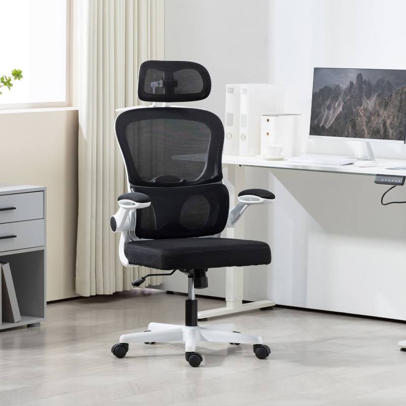 Mesh Office Chair, Ergonomic Desk Chair with Flip-up Armrest, Rotatable Headrest, Adjustable Lumbar Support, Black