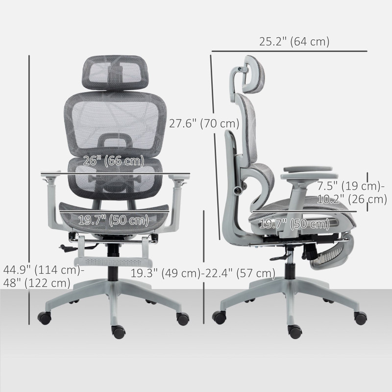 Ergonomic Office Chair with Lumbar Support, Mesh Office Chair with 3D Armrest, 135° Reclining, Adjustable Headrest, Grey