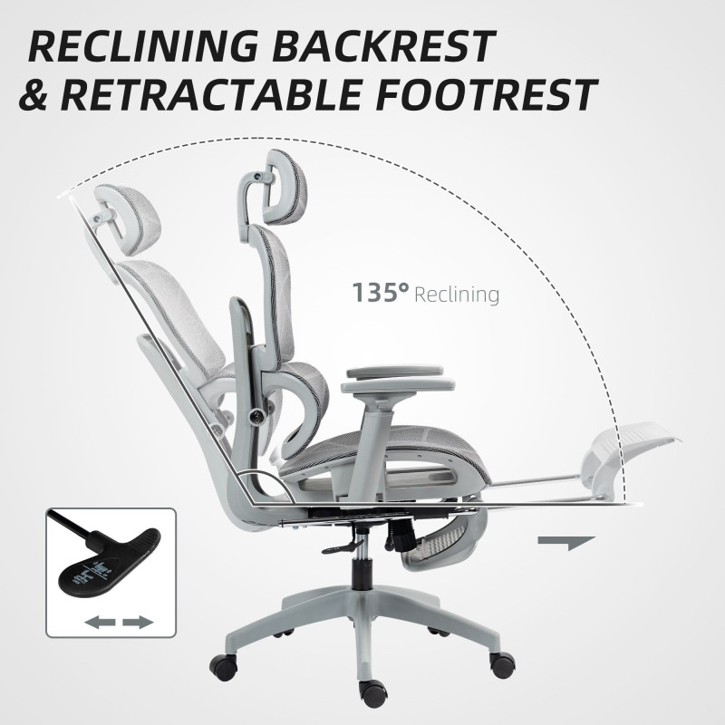 Ergonomic Office Chair with Lumbar Support, Mesh Office Chair with 3D Armrest, 135° Reclining, Adjustable Headrest, Grey