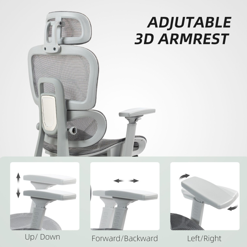 Ergonomic Office Chair with Lumbar Support, Mesh Office Chair with 3D Armrest, 135° Reclining, Adjustable Headrest, Grey